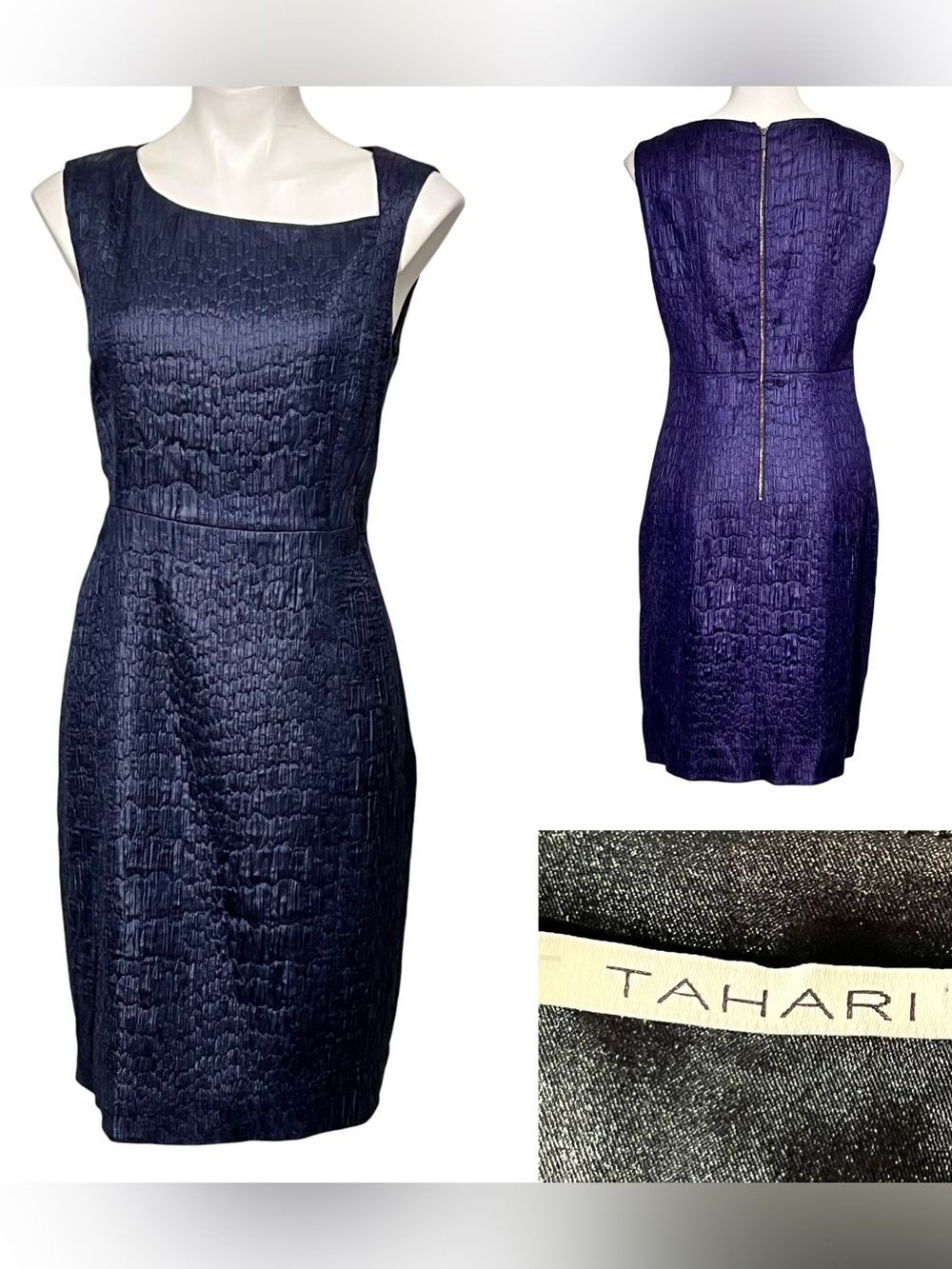 Tahari Sheath Dress Navy blue/purple Textured colorblock sleeveless knee length